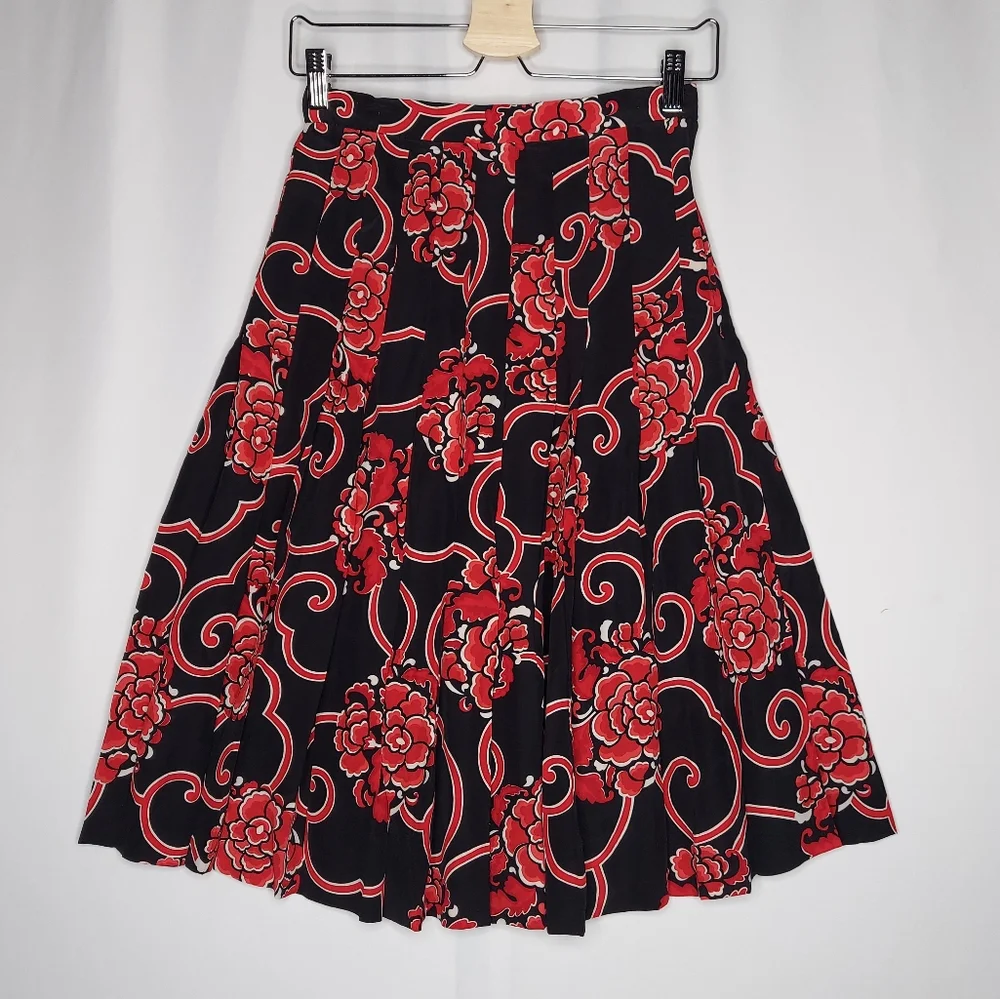 Gloria Sachs Midi Skirt 8 Dark Floral Red Trellis Designer‎ 80s Vtg Whimsy Prep